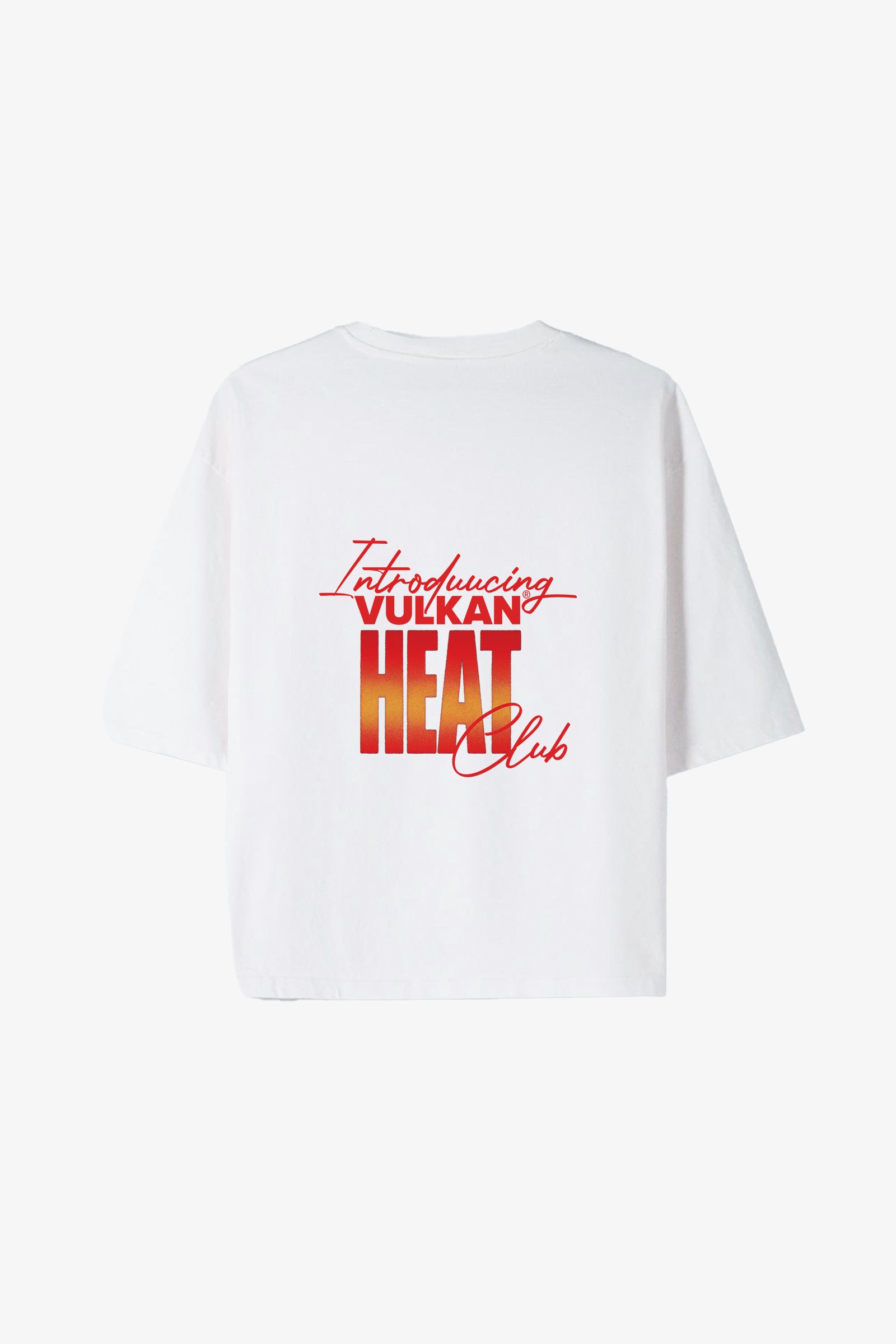 White t-shirt with colorful text on the back against a white background